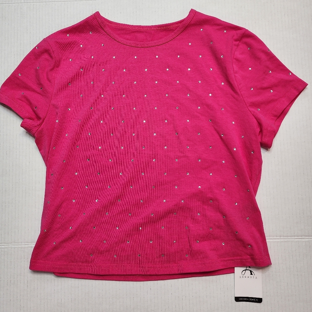 SHEIN Fuchsia Embellished Short Sleeve Tee